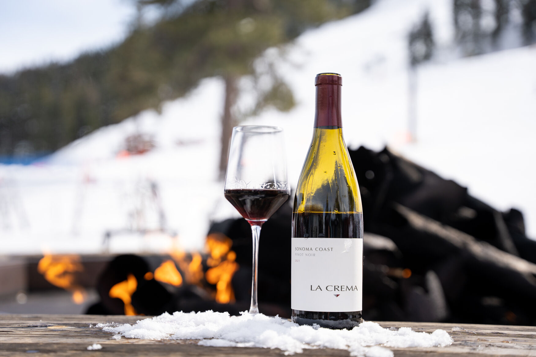 La Crema Pinot Noir outside in the snow