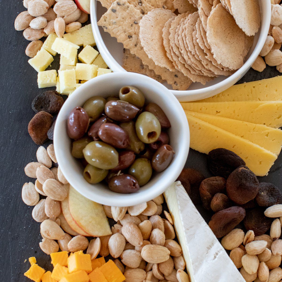 Cheese, olives and crackers